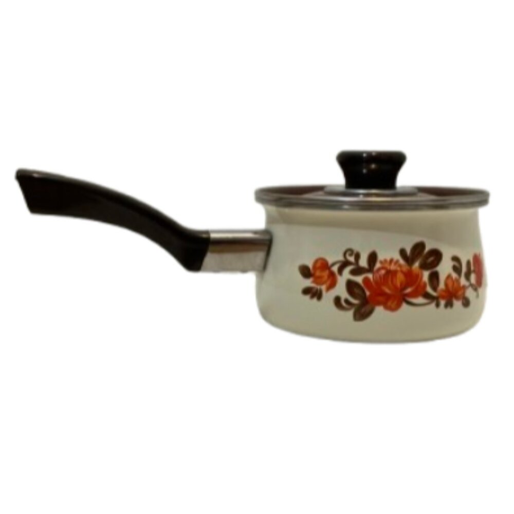 Small 1970s enamel vintage pan orange and brown flower pattern with brown lid
